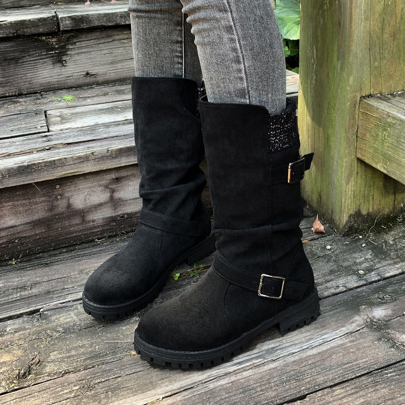 Women’s Vintage Western Boots – Suede Slouchy Tall Boots with Round Toe & Block Heel