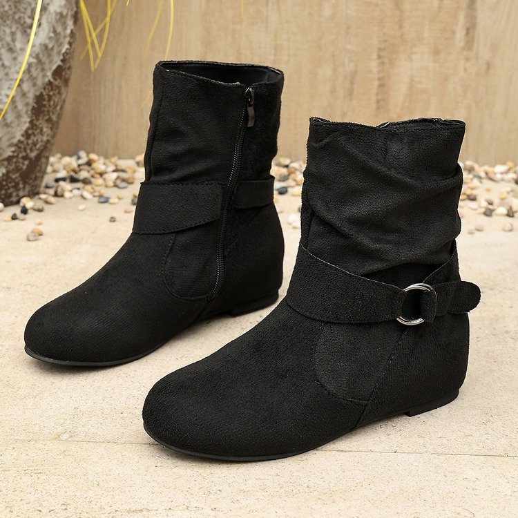Women’s Vintage Suede Ankle Boots – Round-Toe Flat Boots with Buckle Strap & Side Zip