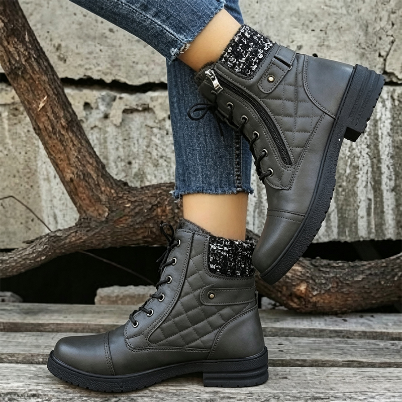Women’s Embroidered Plaid Ankle Boots – Low Heel Lace-Up Boots with Side Zipper & Knit Collar