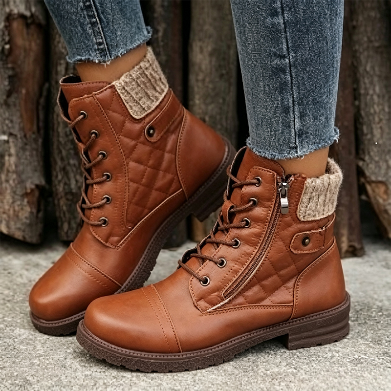 Women’s Embroidered Plaid Ankle Boots – Low Heel Lace-Up Boots with Side Zipper & Knit Collar