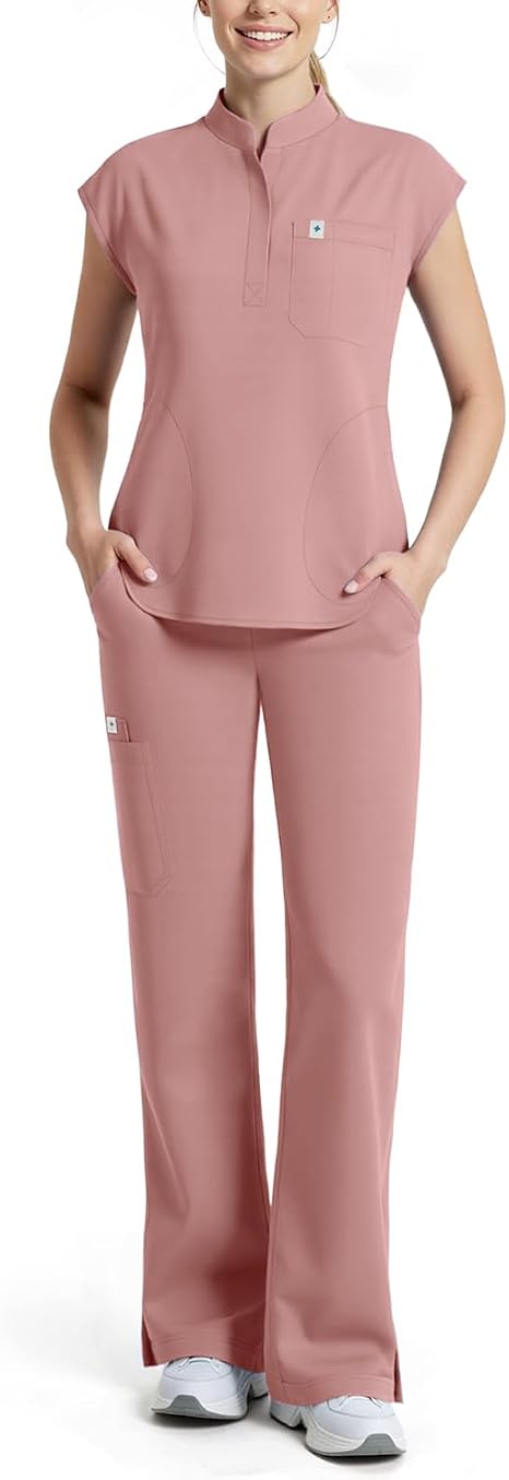 Scrubs for Women Set, Sleeveless Stand Collar Top & Straight Leg Cut Pant Breathable Professional 11-Pocket Medical Uniform Scrub Set,Drawstring Yoga Waistband,Soft Stylish Shirttail Hem