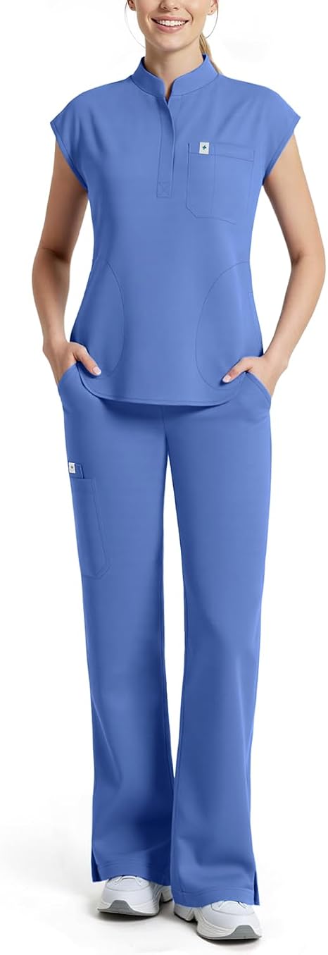 Scrubs for Women Set, Sleeveless Stand Collar Top & Straight Leg Cut Pant Breathable Professional 11-Pocket Medical Uniform Scrub Set,Drawstring Yoga Waistband,Soft Stylish Shirttail Hem