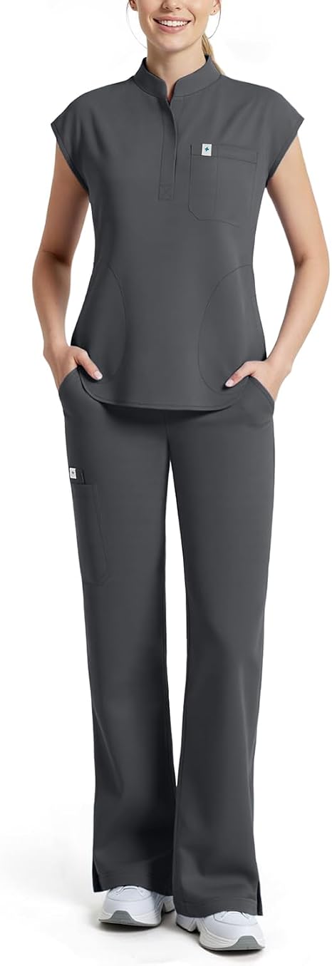 Scrubs for Women Set, Sleeveless Stand Collar Top & Straight Leg Cut Pant Breathable Professional 11-Pocket Medical Uniform Scrub Set,Drawstring Yoga Waistband,Soft Stylish Shirttail Hem