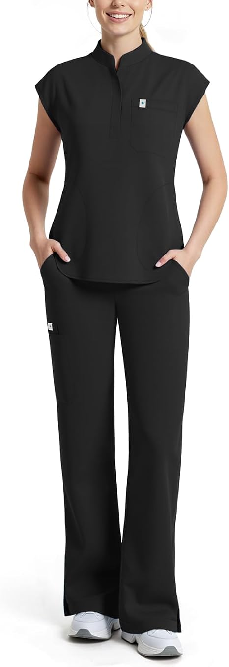 Scrubs for Women Set, Sleeveless Stand Collar Top & Straight Leg Cut Pant Breathable Professional 11-Pocket Medical Uniform Scrub Set,Drawstring Yoga Waistband,Soft Stylish Shirttail Hem