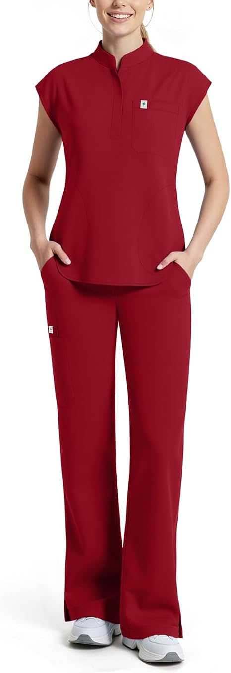 Scrubs for Women Set, Sleeveless Stand Collar Top & Straight Leg Cut Pant Breathable Professional 11-Pocket Medical Uniform Scrub Set,Drawstring Yoga Waistband,Soft Stylish Shirttail Hem