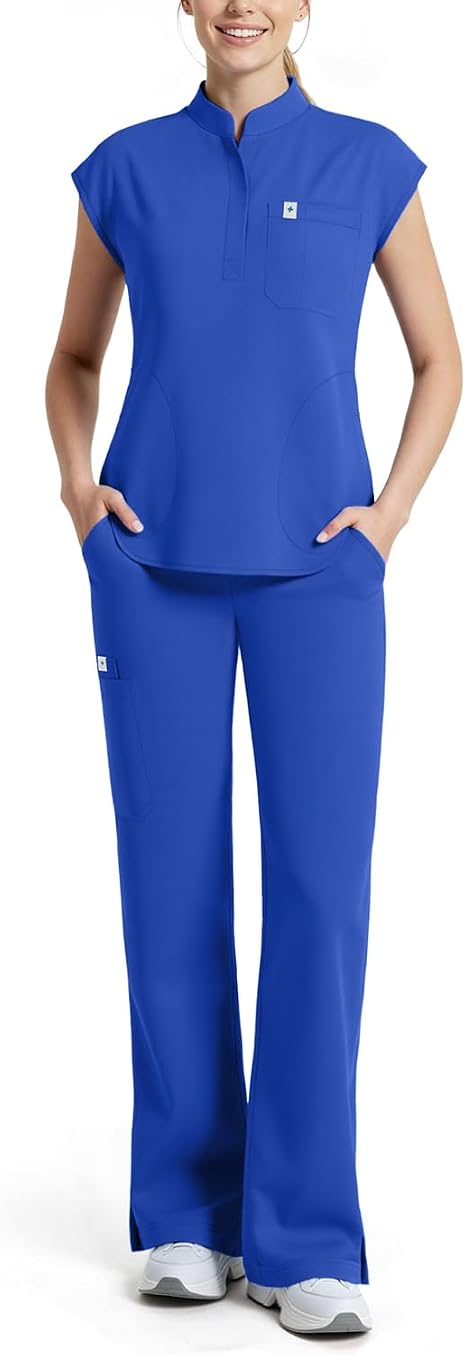 Scrubs for Women Set, Sleeveless Stand Collar Top & Straight Leg Cut Pant Breathable Professional 11-Pocket Medical Uniform Scrub Set,Drawstring Yoga Waistband,Soft Stylish Shirttail Hem