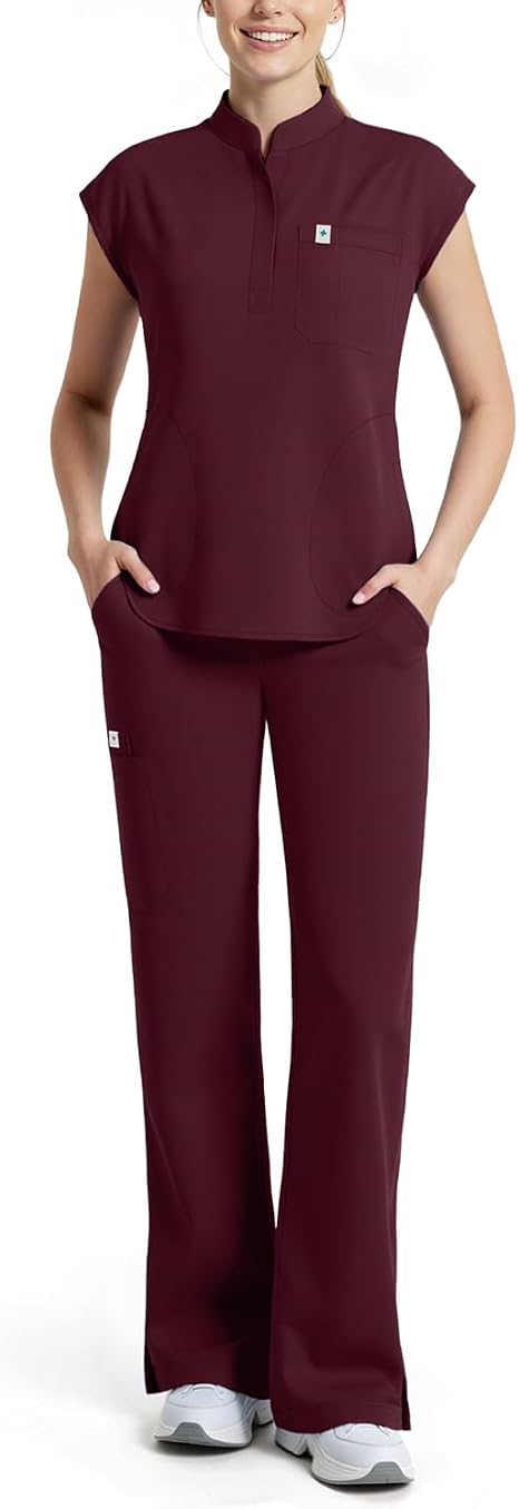 Scrubs for Women Set, Sleeveless Stand Collar Top & Straight Leg Cut Pant Breathable Professional 11-Pocket Medical Uniform Scrub Set,Drawstring Yoga Waistband,Soft Stylish Shirttail Hem