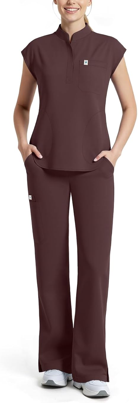 Scrubs for Women Set, Sleeveless Stand Collar Top & Straight Leg Cut Pant Breathable Professional 11-Pocket Medical Uniform Scrub Set,Drawstring Yoga Waistband,Soft Stylish Shirttail Hem