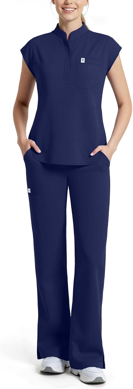 Scrubs for Women Set, Sleeveless Stand Collar Top & Straight Leg Cut Pant Breathable Professional 11-Pocket Medical Uniform Scrub Set,Drawstring Yoga Waistband,Soft Stylish Shirttail Hem