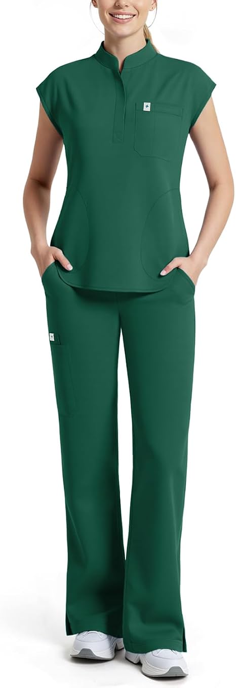 Scrubs for Women Set, Sleeveless Stand Collar Top & Straight Leg Cut Pant Breathable Professional 11-Pocket Medical Uniform Scrub Set,Drawstring Yoga Waistband,Soft Stylish Shirttail Hem