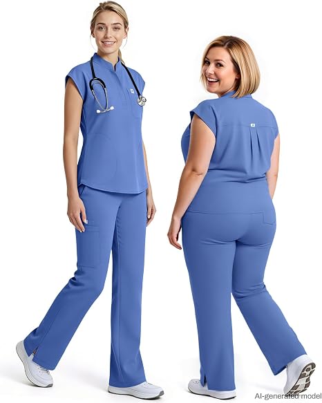 Scrubs for Women Set, Sleeveless Stand Collar Top & Straight Leg Cut Pant Breathable Professional 11-Pocket Medical Uniform Scrub Set,Drawstring Yoga Waistband,Soft Stylish Shirttail Hem