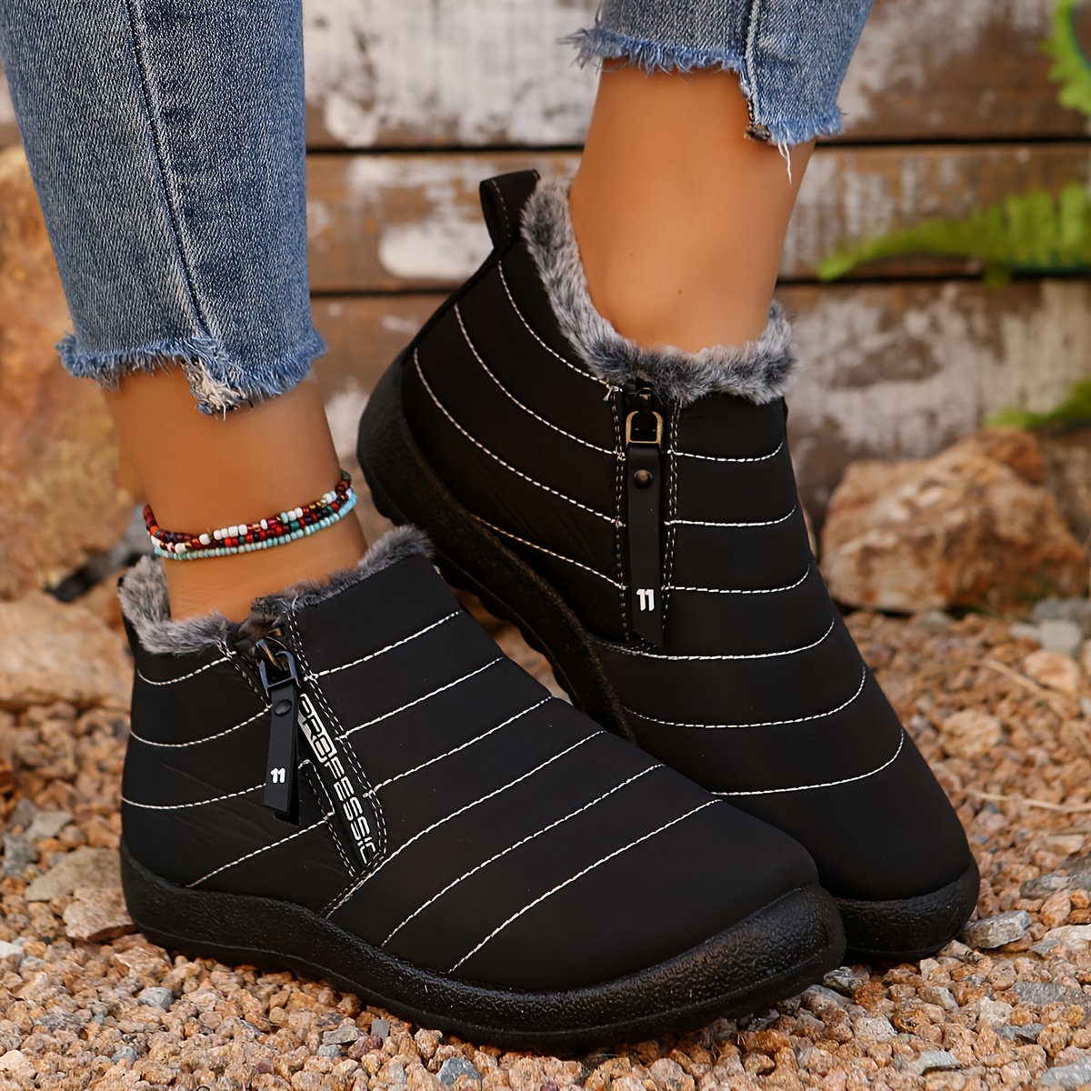 Women’s Warm Winter Snow Boots – Fur-Collar Zip-Up Boots with Non-Slip Sole