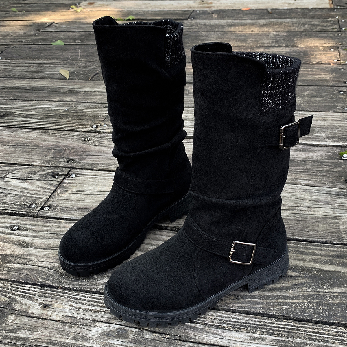 Women’s Vintage Western Boots – Suede Slouchy Tall Boots with Round Toe & Block Heel