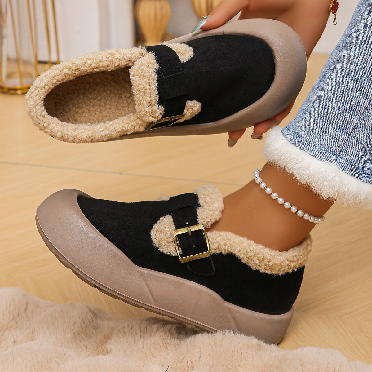 Women’s Warm Fleece-Lined Slip-On Shoes with Thick Non-Slip Sole