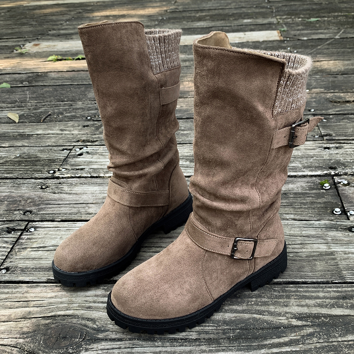 Women’s Vintage Western Boots – Suede Slouchy Tall Boots with Round Toe & Block Heel