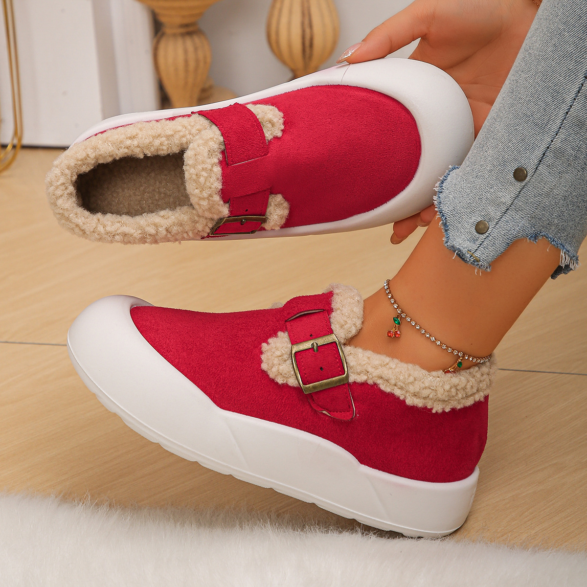 Women’s Warm Fleece-Lined Slip-On Shoes with Thick Non-Slip Sole