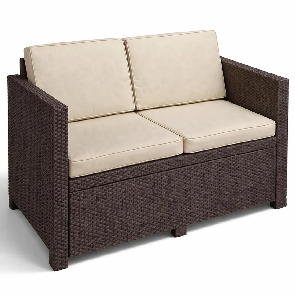 Gartenlounge Sofa, Braun/Taupe, 2-Sitzer, mit Kissen, Rattanoptik