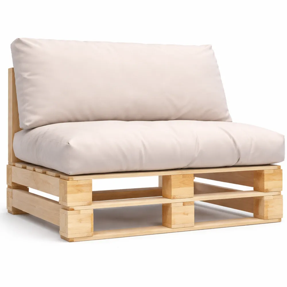 Palettensofa aus Holz mit sandfarbenen Kissen für In- und Outdoor