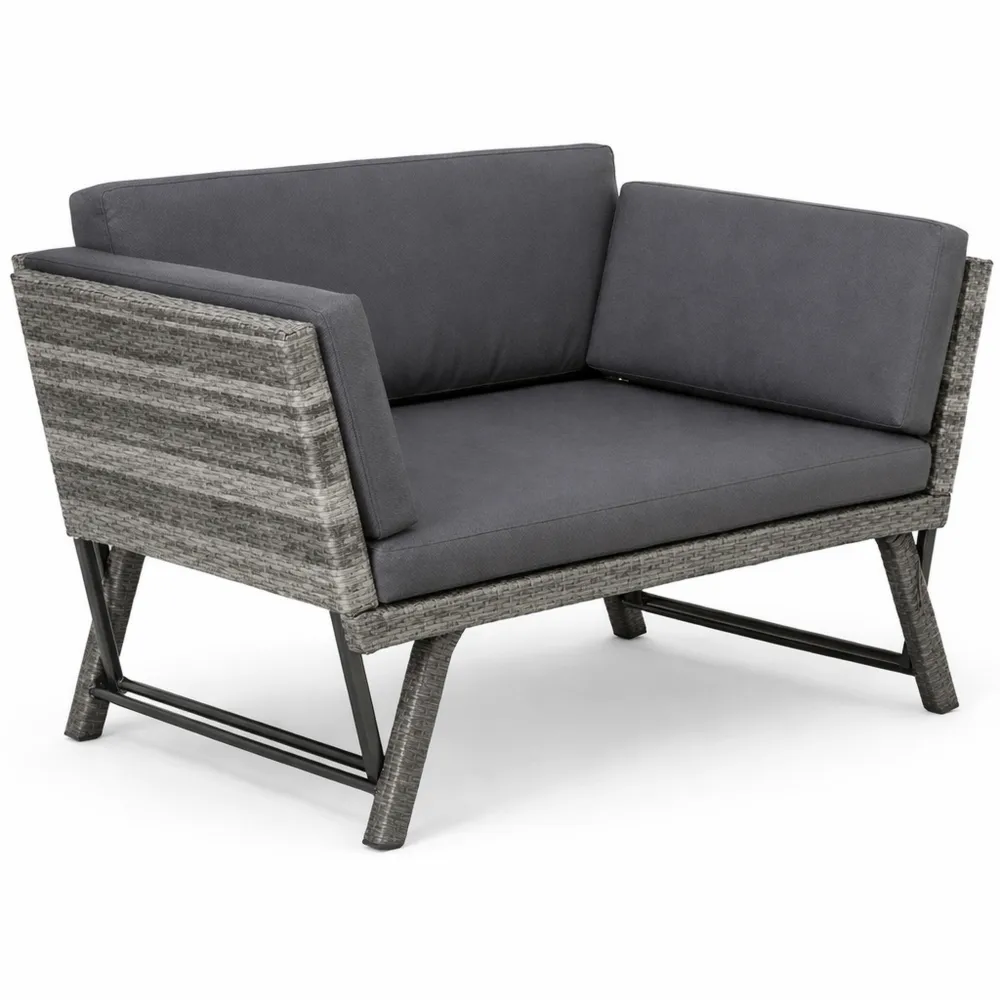 Klappbares Gartensofa aus Polyrattan für Zwei Personen mit Armlehnen, Stahl, Grau