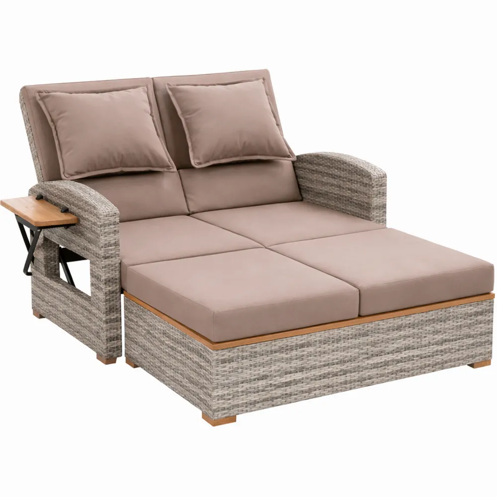 Multifunktionales Rattan-Gartensofa mit Hocker, grau/taupe
