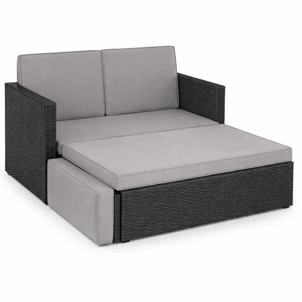 2-Sitzer Rattan-Sessel mit Hocker und Schlaffunktion, wetterfeste Garten-Lounge-Couch, klappbar mit imprägnierten Polstern