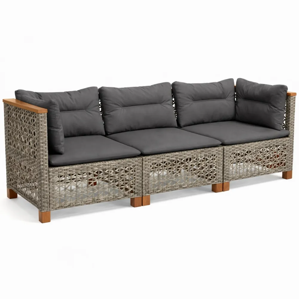 3-Sitzer Gartensofa mit Kissen, Grau, Poly Rattan