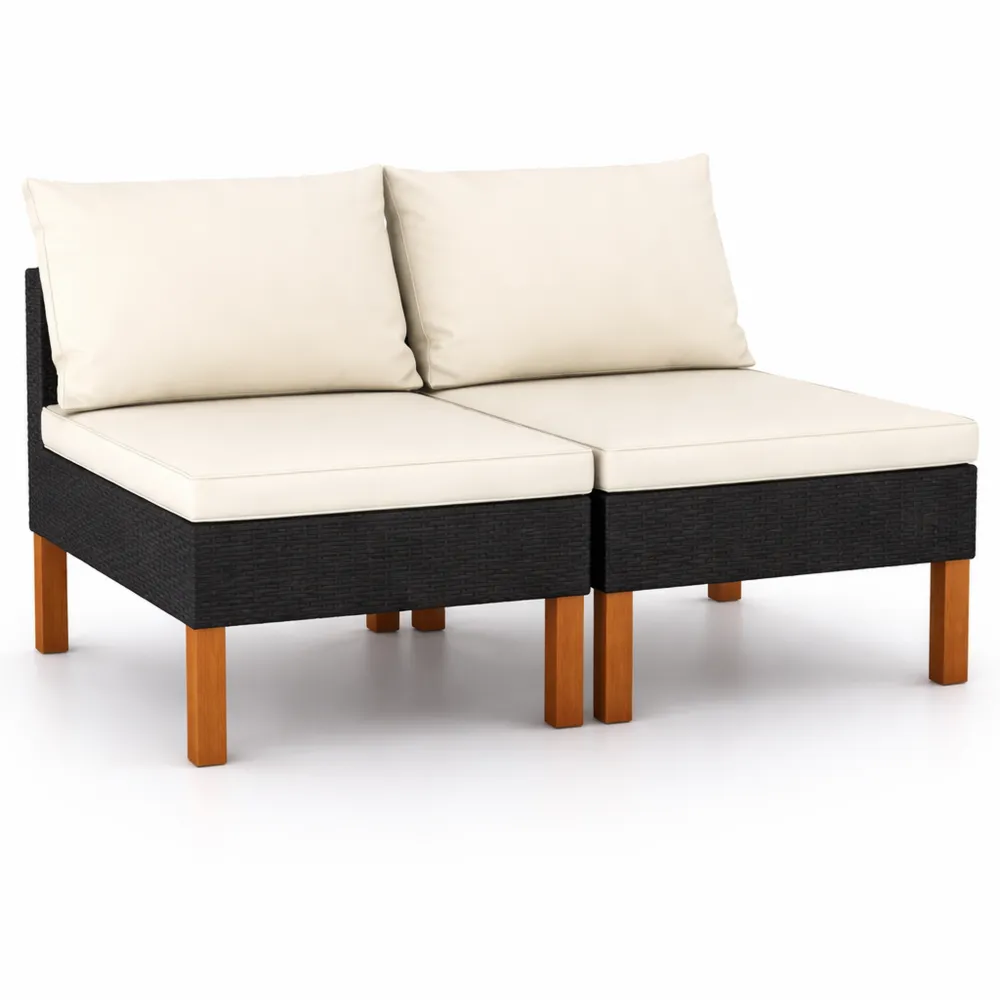 Outdoor-Sofa-Mittelteil 2er Set aus Polyrattan und Massivholz in Schwarz