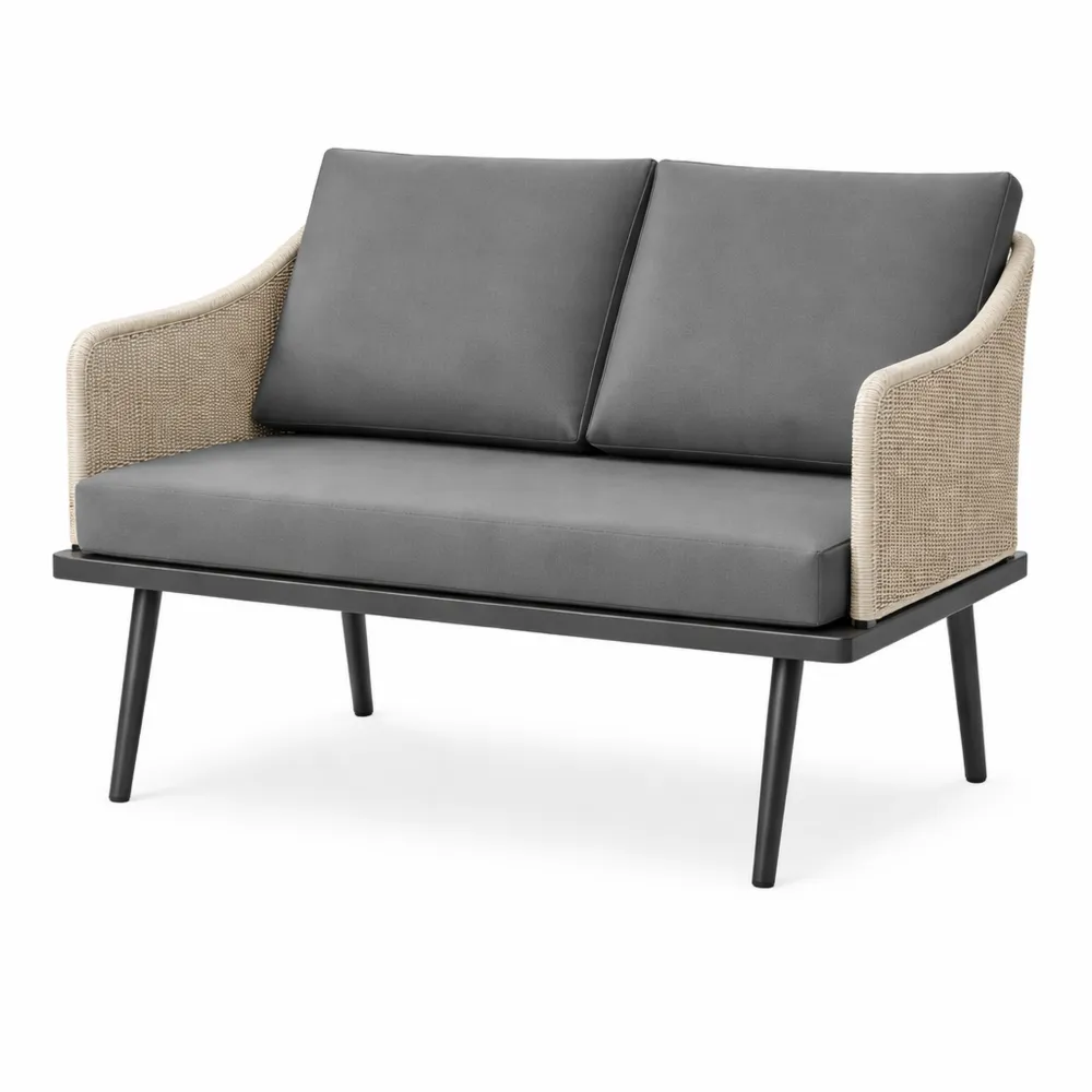 Gartensofa für Zwei mit Kissen und Stahlrahmen, wetterfest, dunkelgrau