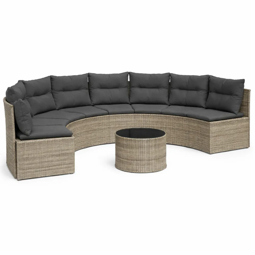 Halbrundes Gartensofa-Set aus Poly Rattan mit Kissen und Tisch, Grau