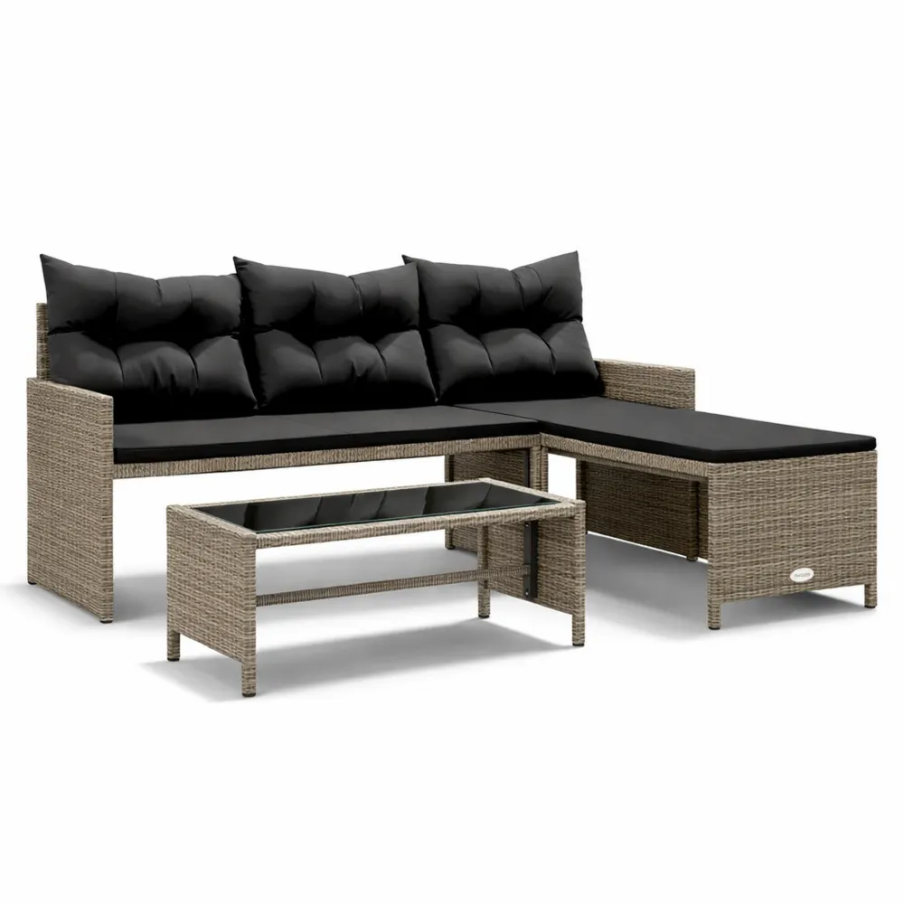 Polyrattan Ecklounge mit Tisch und Kissen, L-Form, grau