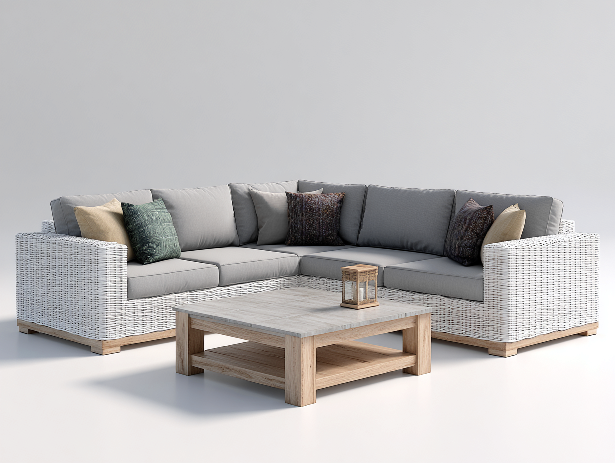 Sofás de jardín de ratán sintético con cojines 4 plazas y mesa 100x60x40 cm - blanco-gris - diseño moderno-Nookgoden