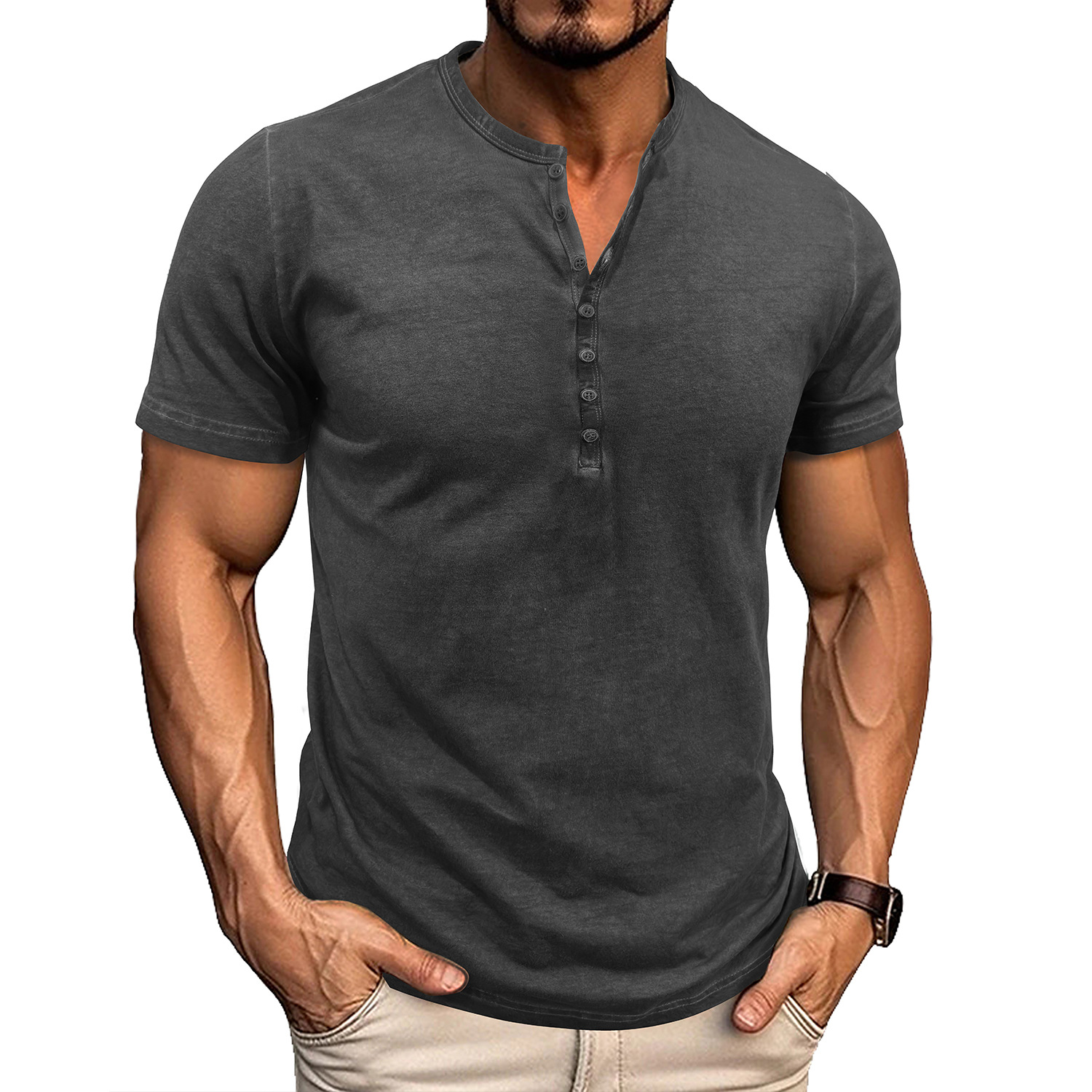 Vintage crew neck henley summer base layer outdoor short-sleeve T-shirt