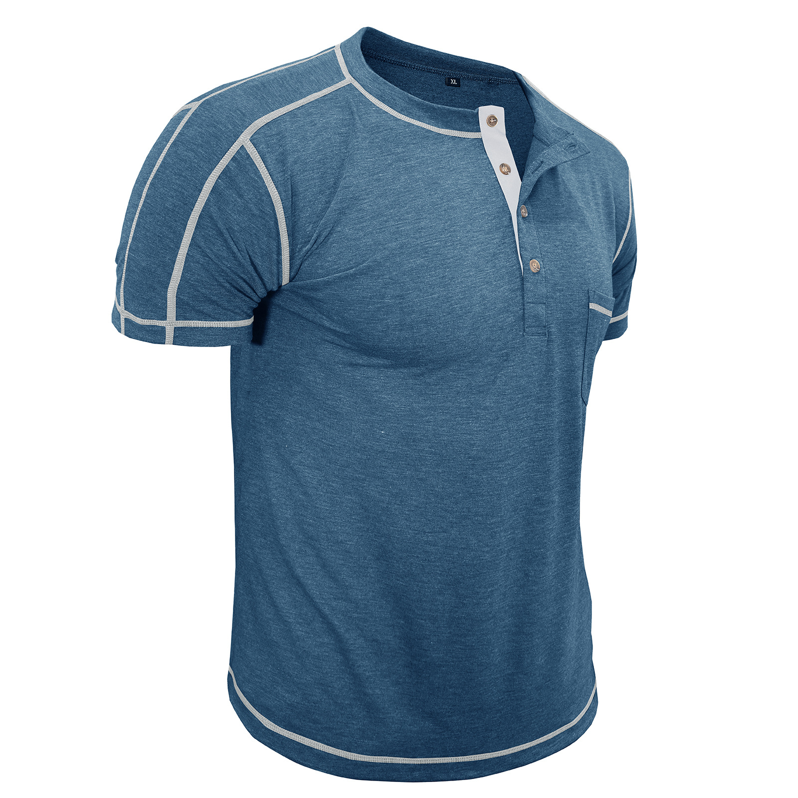 Men's Fashion Contrast-Color Short-Sleeve Henley Base Layer T-Shirt with Round Neck