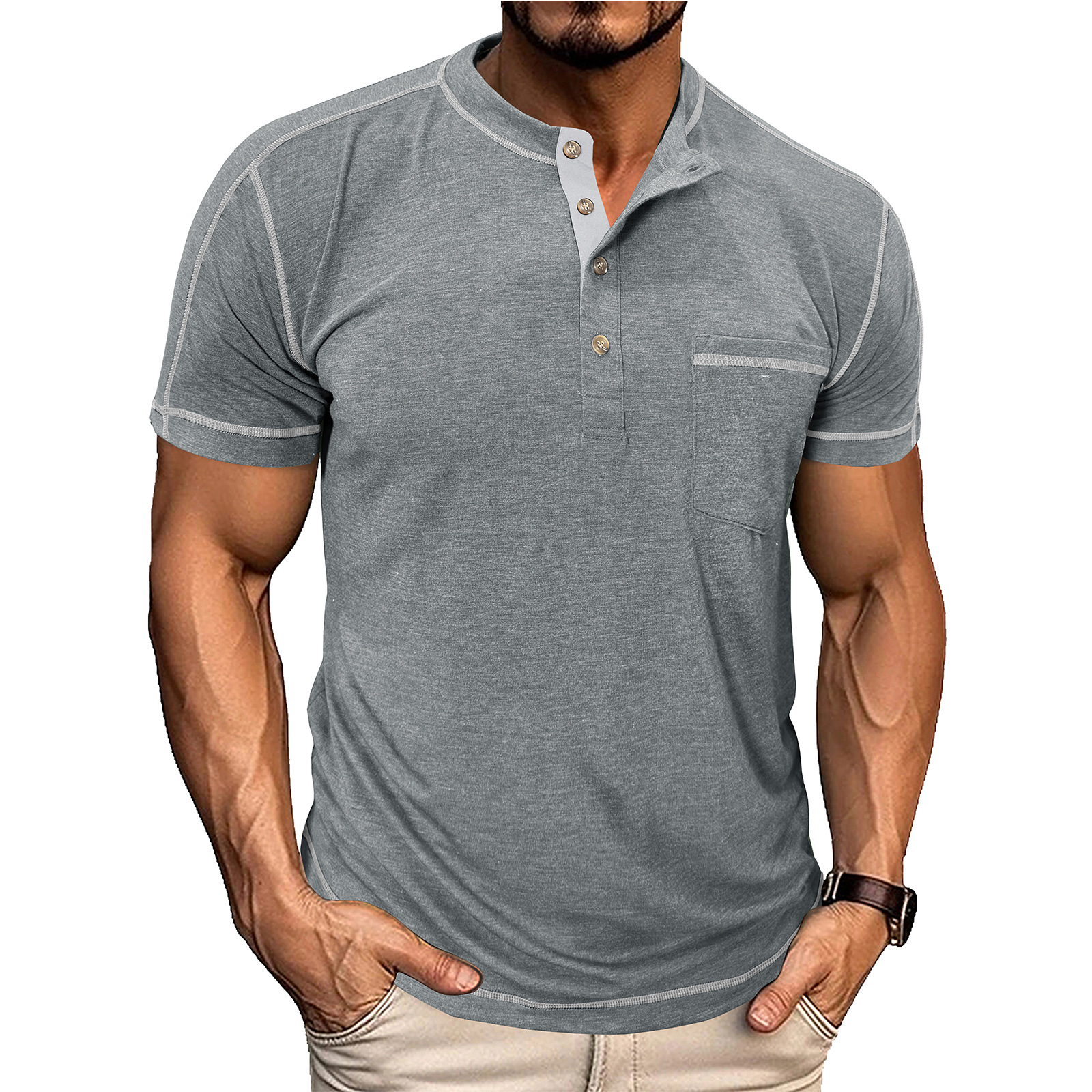 Men's Fashion Contrast-Color Short-Sleeve Henley Base Layer T-Shirt with Round Neck