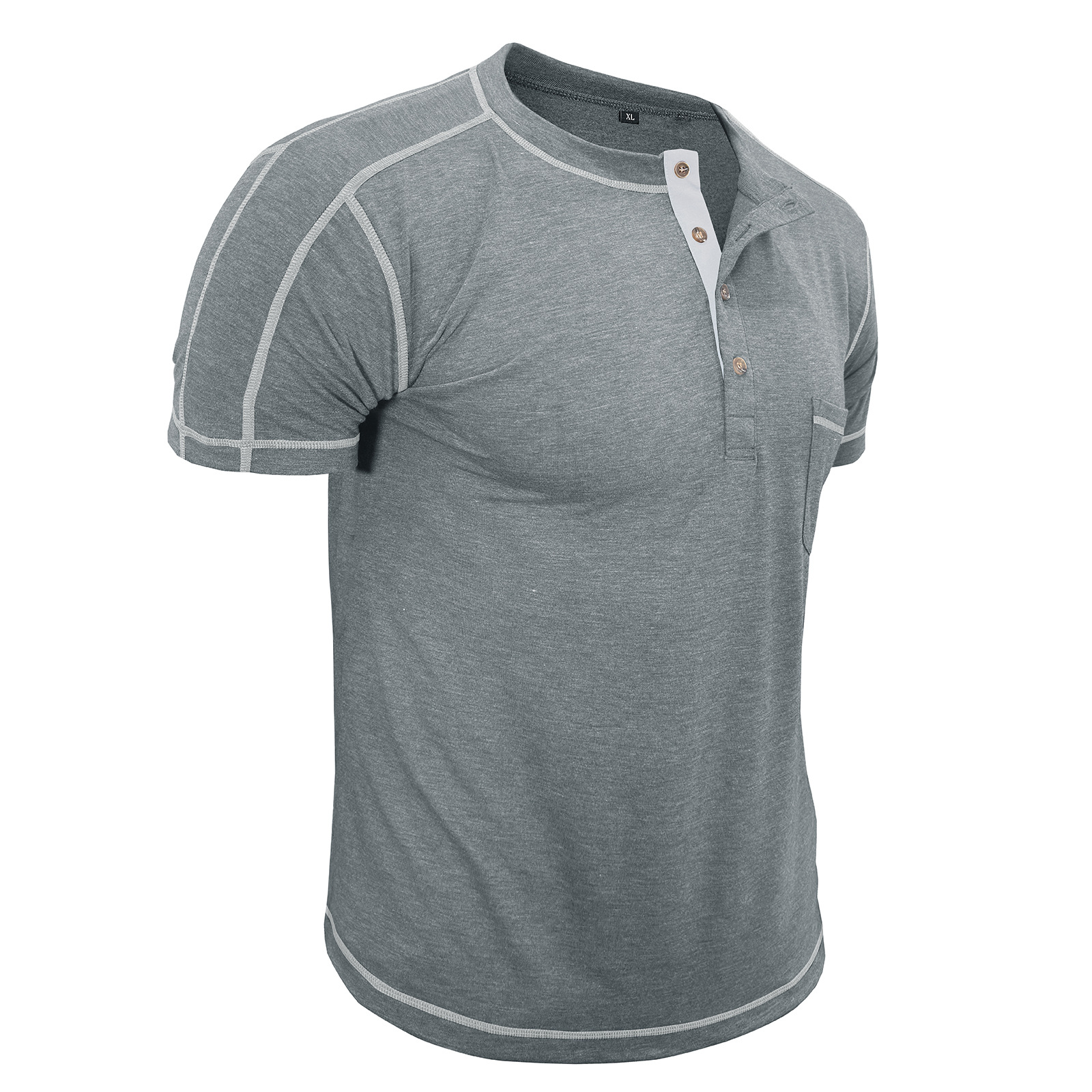 Men's Fashion Contrast-Color Short-Sleeve Henley Base Layer T-Shirt with Round Neck
