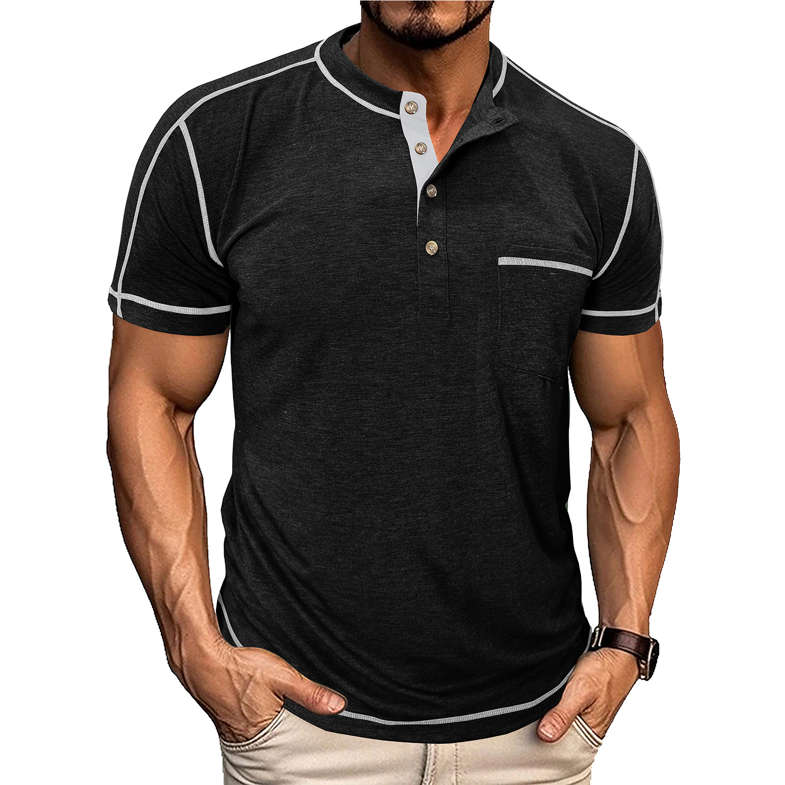 Men's Fashion Contrast-Color Short-Sleeve Henley Base Layer T-Shirt with Round Neck