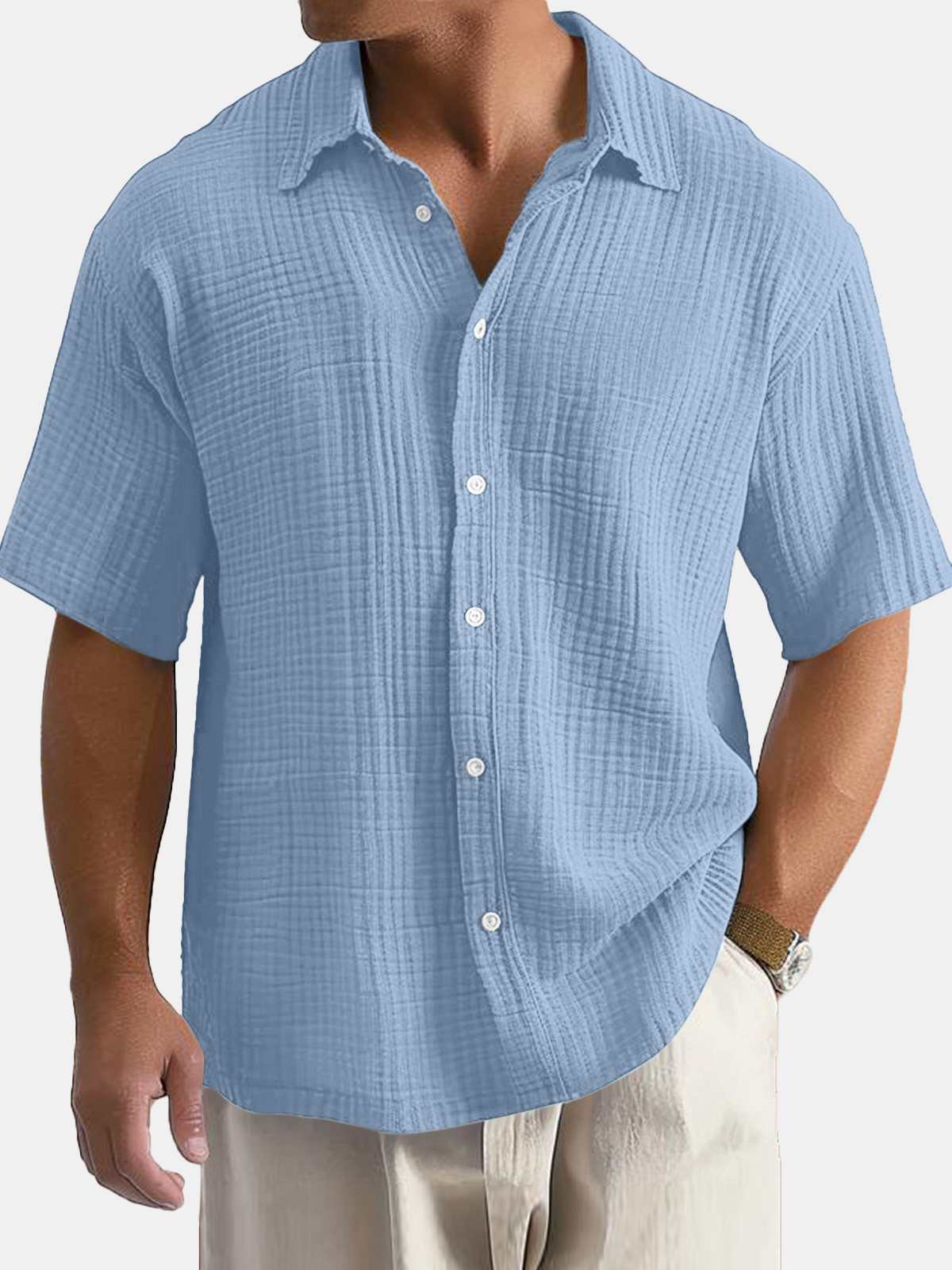 Men's Casual Cotton Short-sleeved Shirt with Lapel