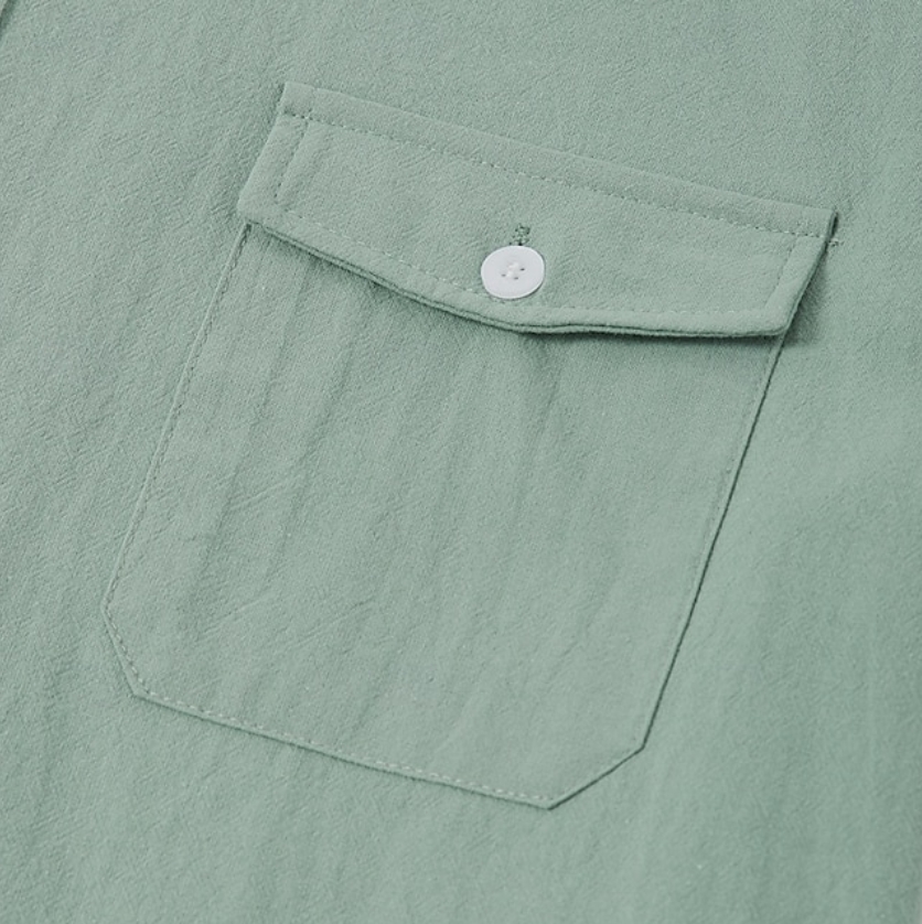 Men's linen summer beach solid-color lapel daily pocket shirt
