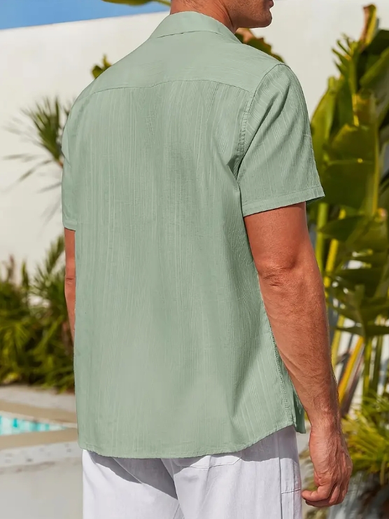 Men's casual cotton striped jacquard beach short-sleeve shirt