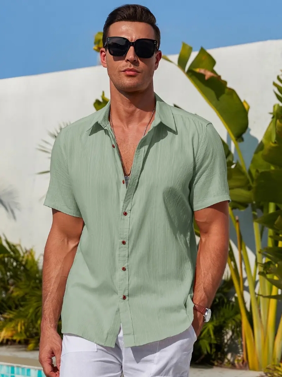 Men's casual cotton striped jacquard beach short-sleeve shirt