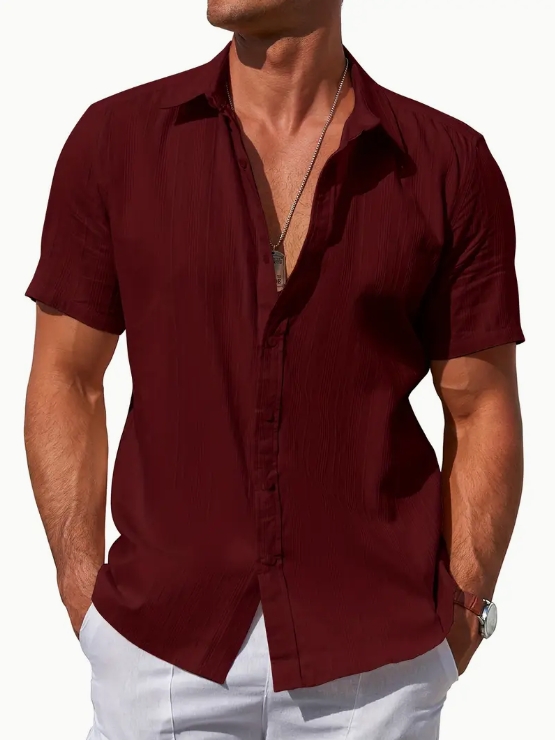 Men's casual cotton striped jacquard beach short-sleeve shirt