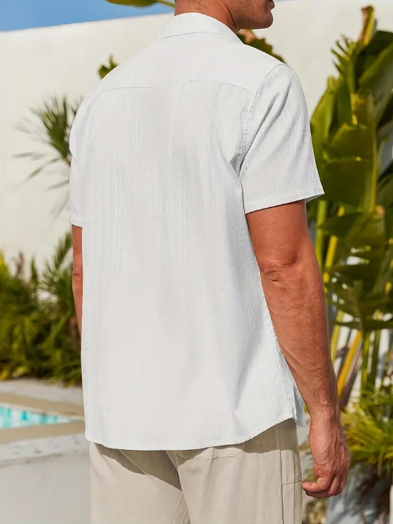 Men's casual cotton striped jacquard beach short-sleeve shirt