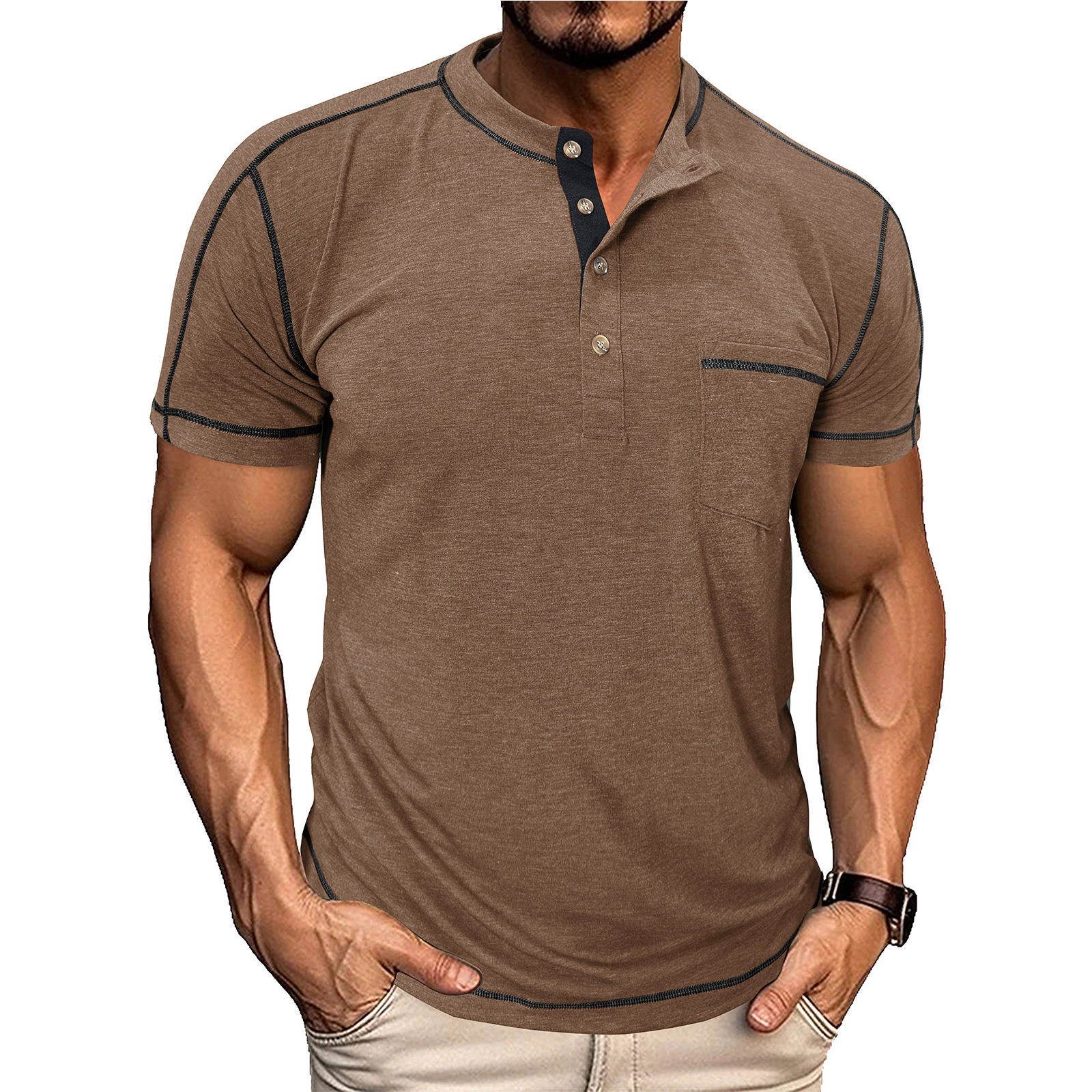 Men's Fashion Contrast-Color Short-Sleeve Henley Base Layer T-Shirt with Round Neck