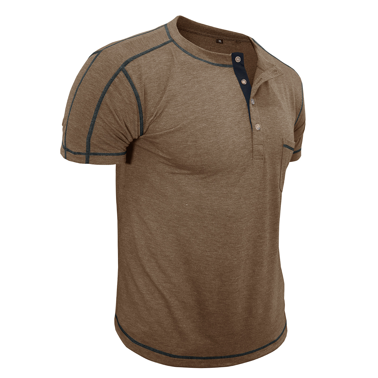 Men's Fashion Contrast-Color Short-Sleeve Henley Base Layer T-Shirt with Round Neck