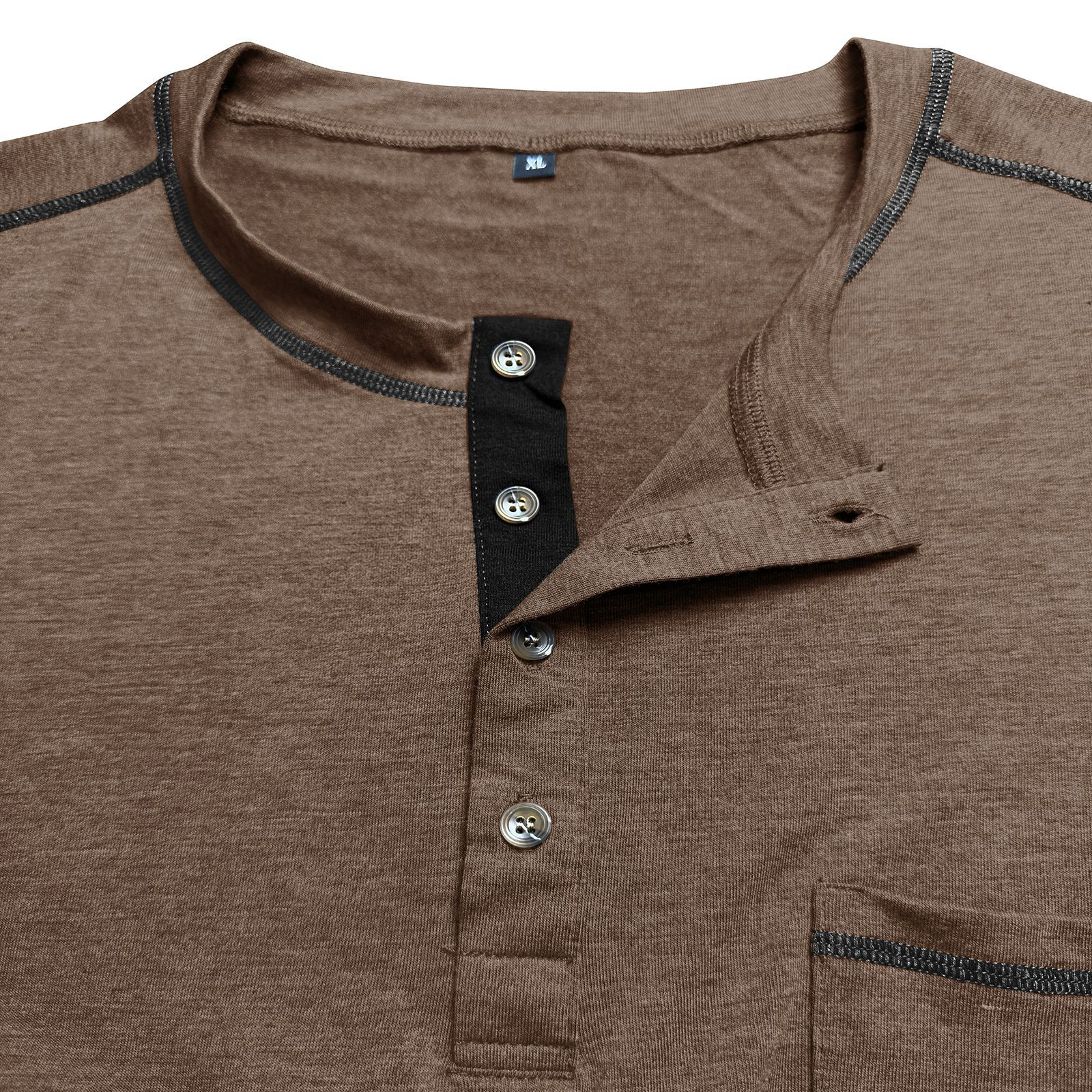 Men's Fashion Contrast-Color Short-Sleeve Henley Base Layer T-Shirt with Round Neck