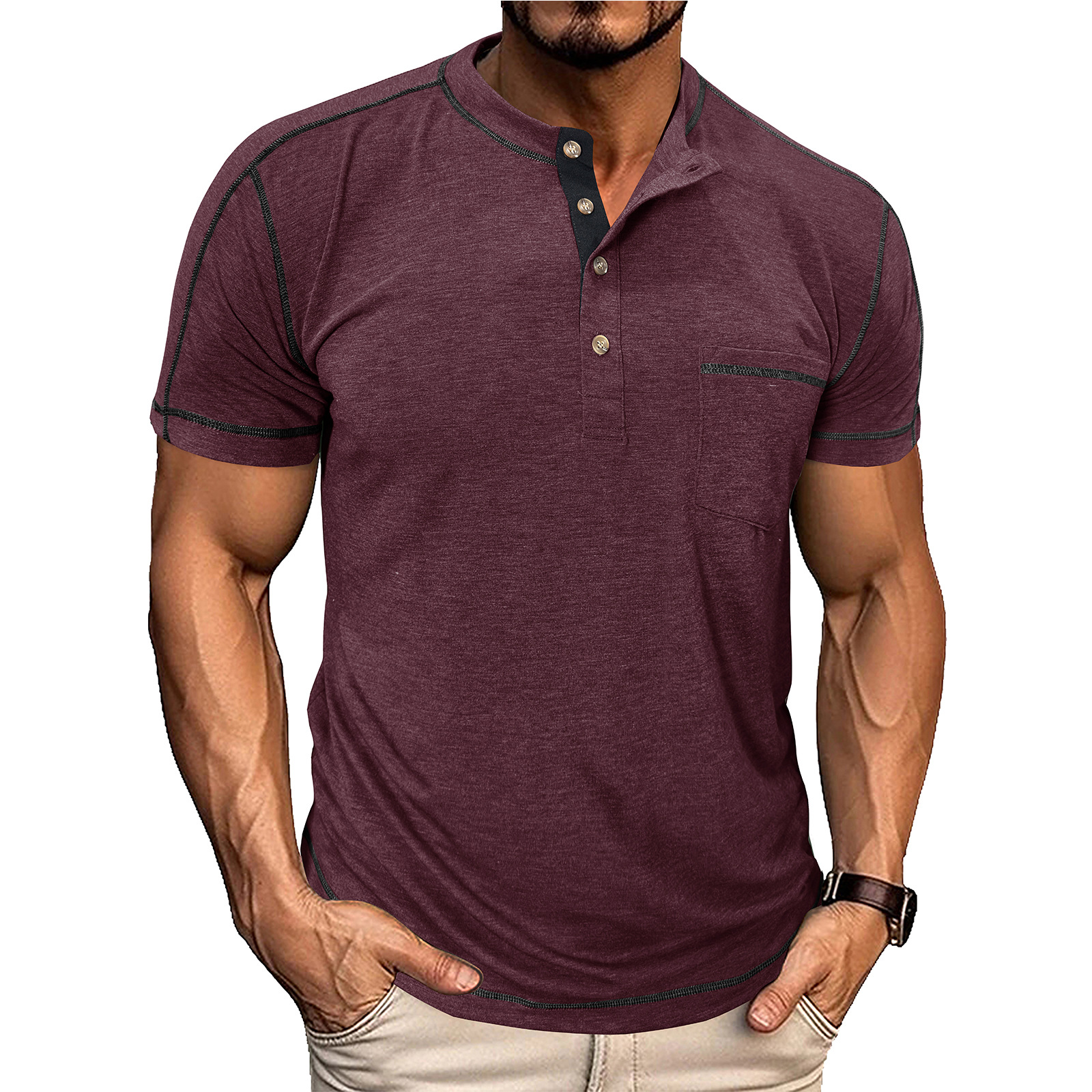Men's Fashion Contrast-Color Short-Sleeve Henley Base Layer T-Shirt with Round Neck
