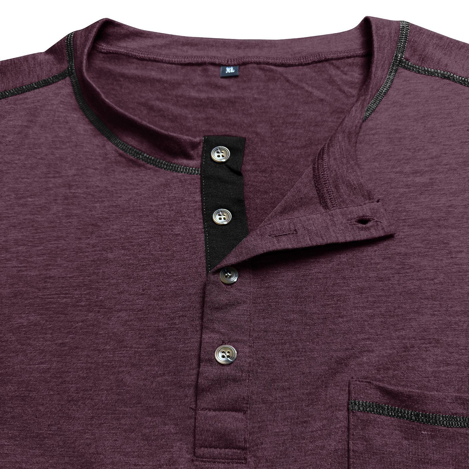 Men's Fashion Contrast-Color Short-Sleeve Henley Base Layer T-Shirt with Round Neck