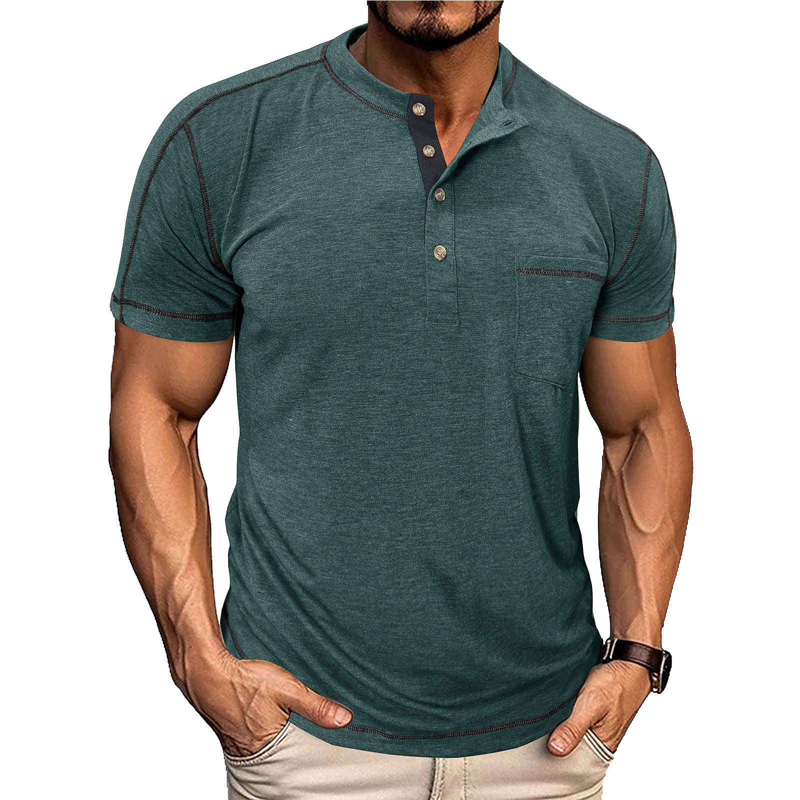 Men's Fashion Contrast-Color Short-Sleeve Henley Base Layer T-Shirt with Round Neck