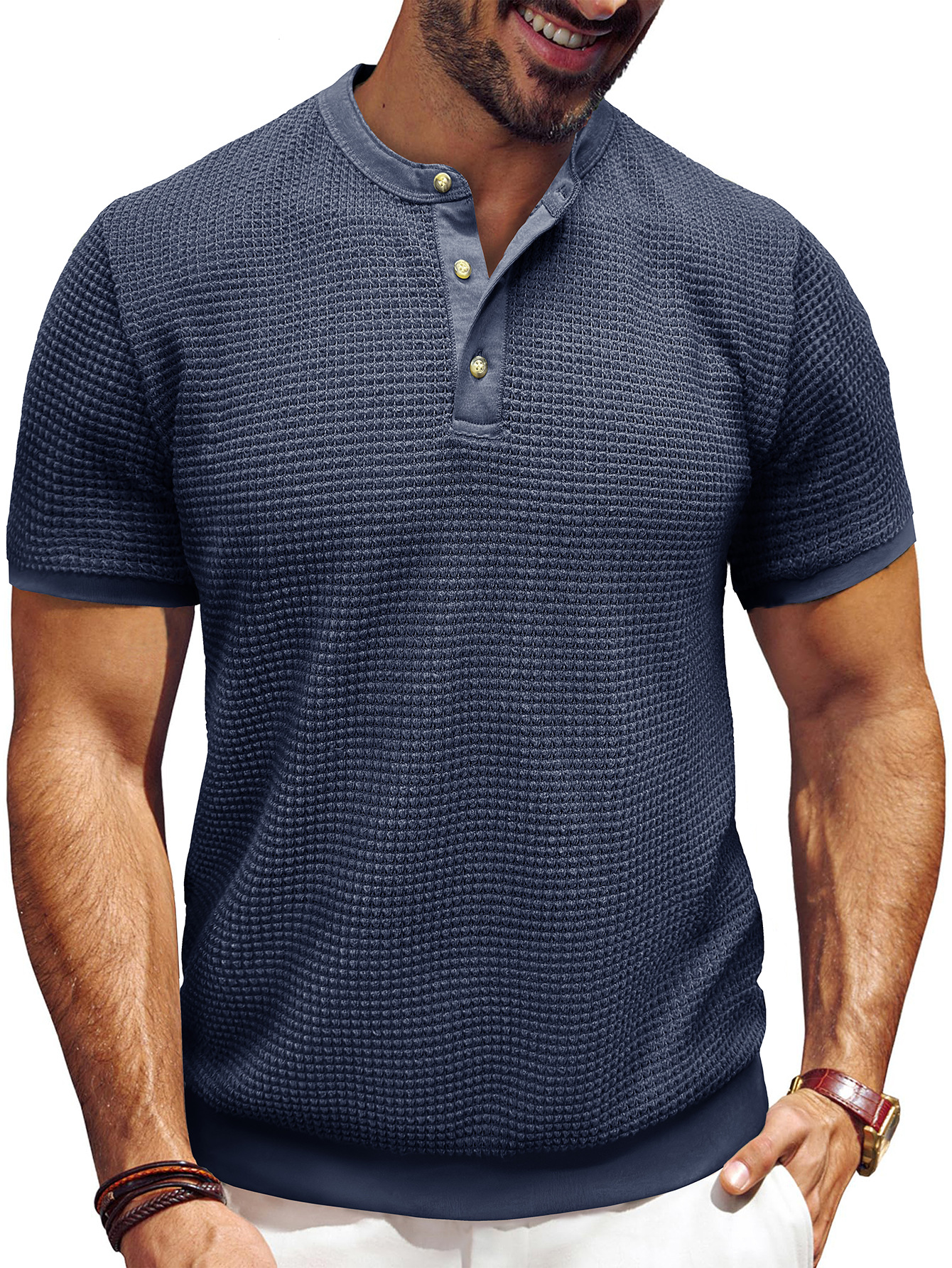 Men's Short-Sleeved Textured Knit Henley T-Shirt Pullover