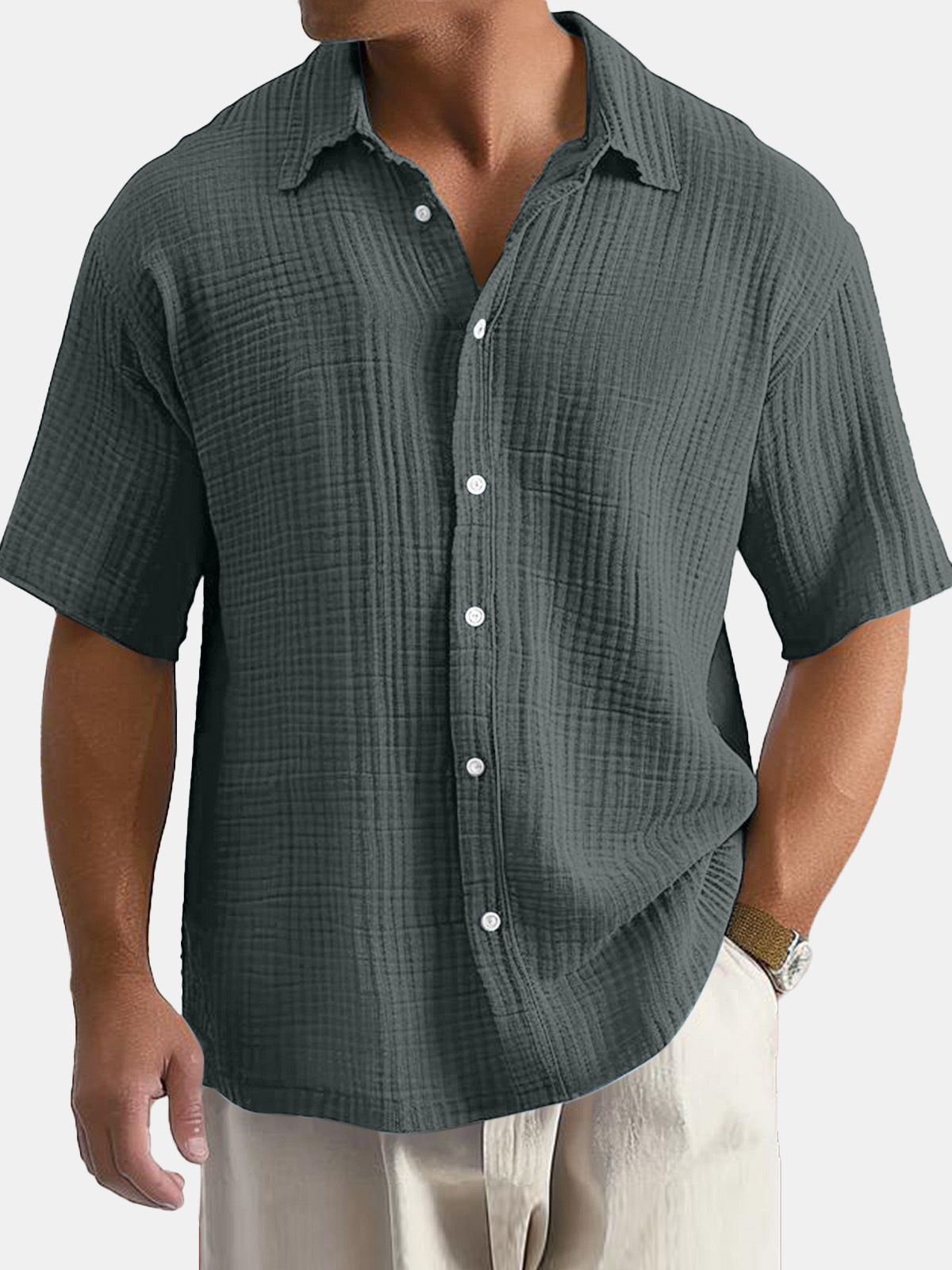 Men's Casual Cotton Short-sleeved Shirt with Lapel